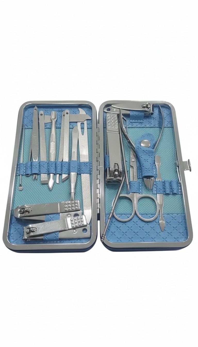 قم مانيكير وبديكير احترافي متكامل 12 قطعة - أدوات من الفولاذ المقاوم للصدأ في علبة فاخرة