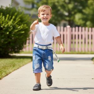 Pantacourt Jeans Bleu avec Bordure a carreau Bleu et rouge