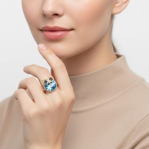 bague plaqué or pierre hibou rende bleu