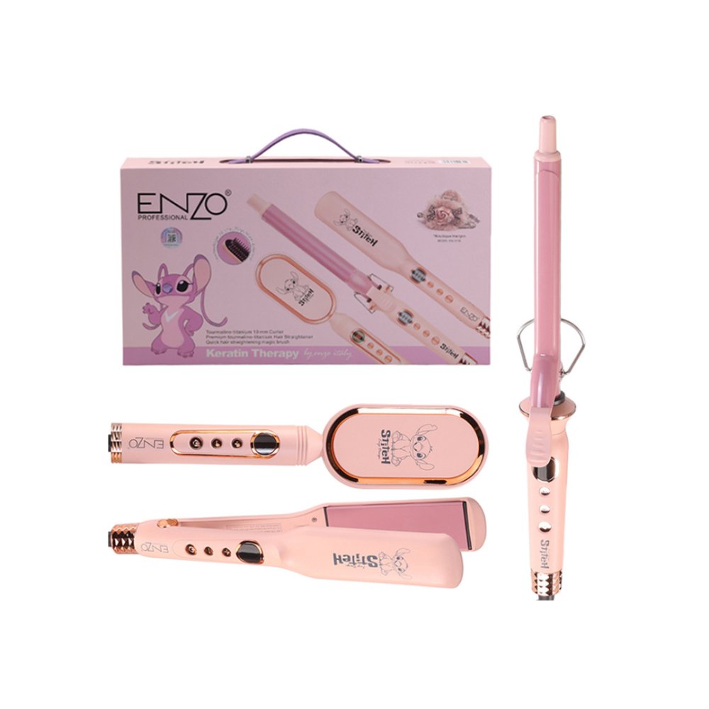 مجموعة ENZO KERATIN THERAPY الوردي - مكواة فرد التيتانيوم ومكواة تجعيد 19 ملم