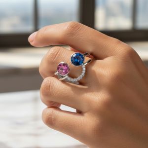 bague double anneau bleu/rose