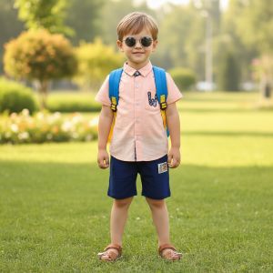 ENSEMBLE CHEMISIER SAUMON AVEC SHORT BLEU MOTIFE -W-