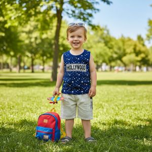 ENSEMBLE GARCON debardeur BLEU AVEC SHORT BEIGE MOTIF HOLYWOOD