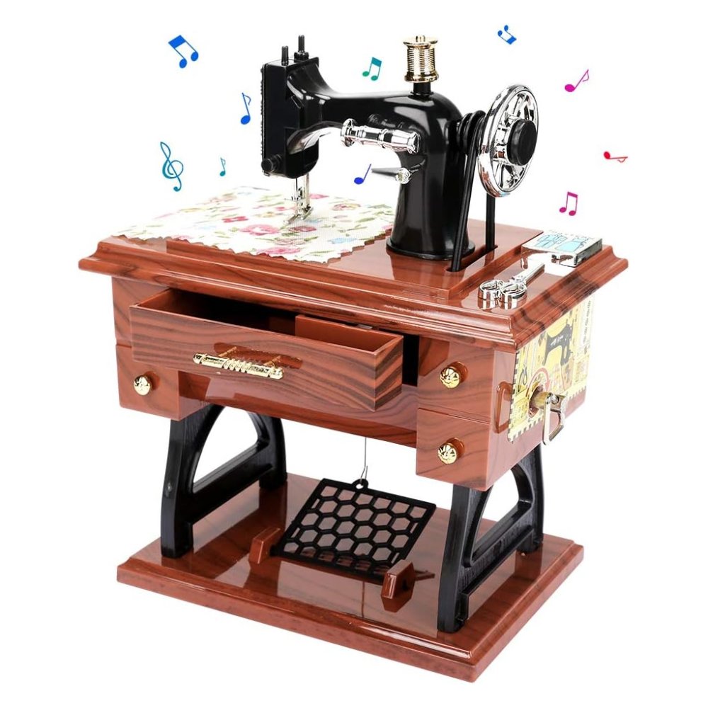 صندوق الموسيقى الكلاسيكي بتصميم آلة الخياطة العتيقة – قطعة ديكور فاخرة وهدية مثالية
