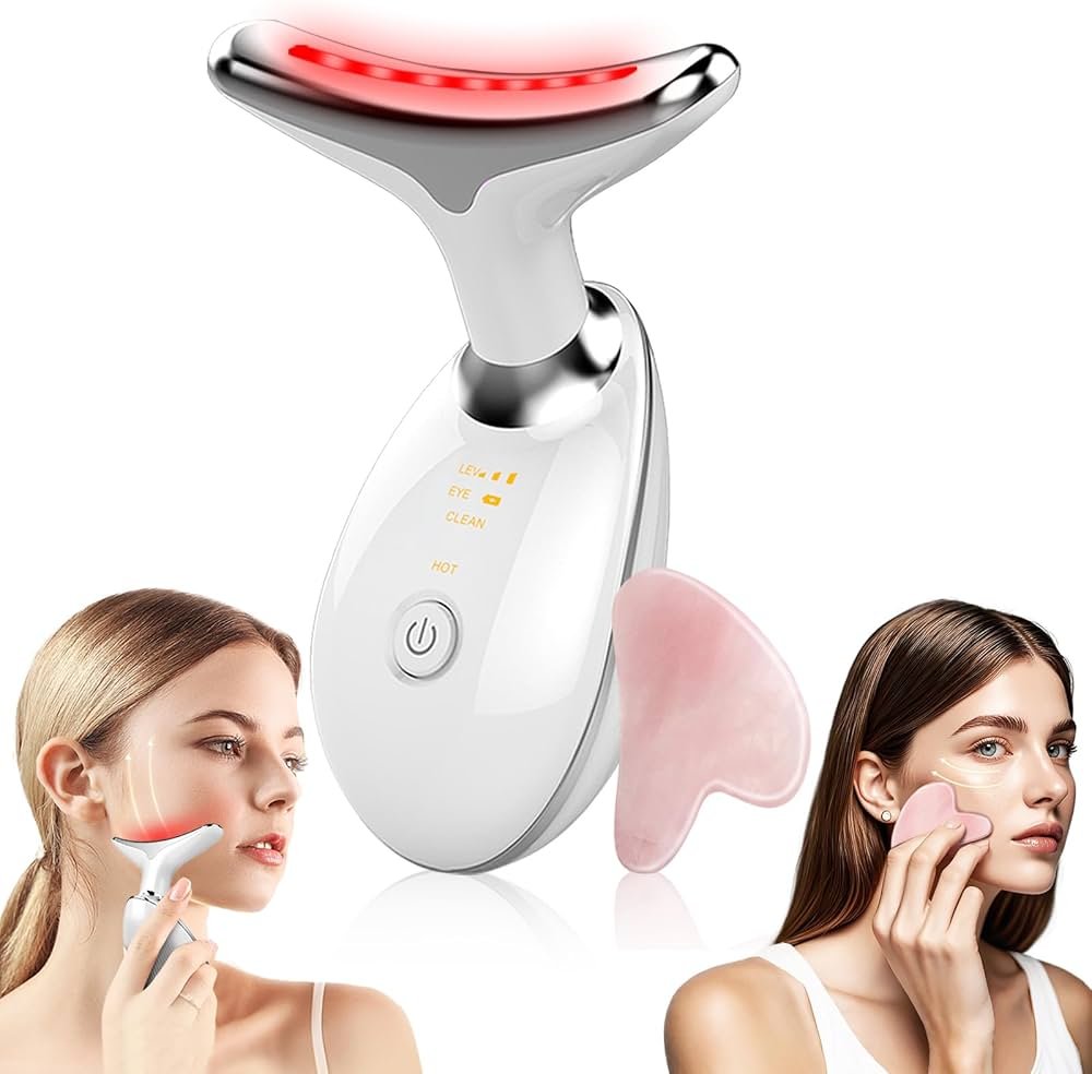 جهاز شد الرقبة والوجه بتقنية LED و Microcurrent – مدلك "V-Face" الاحترافي مع حجر الغوا شا (Gua Sha) الطبيعي